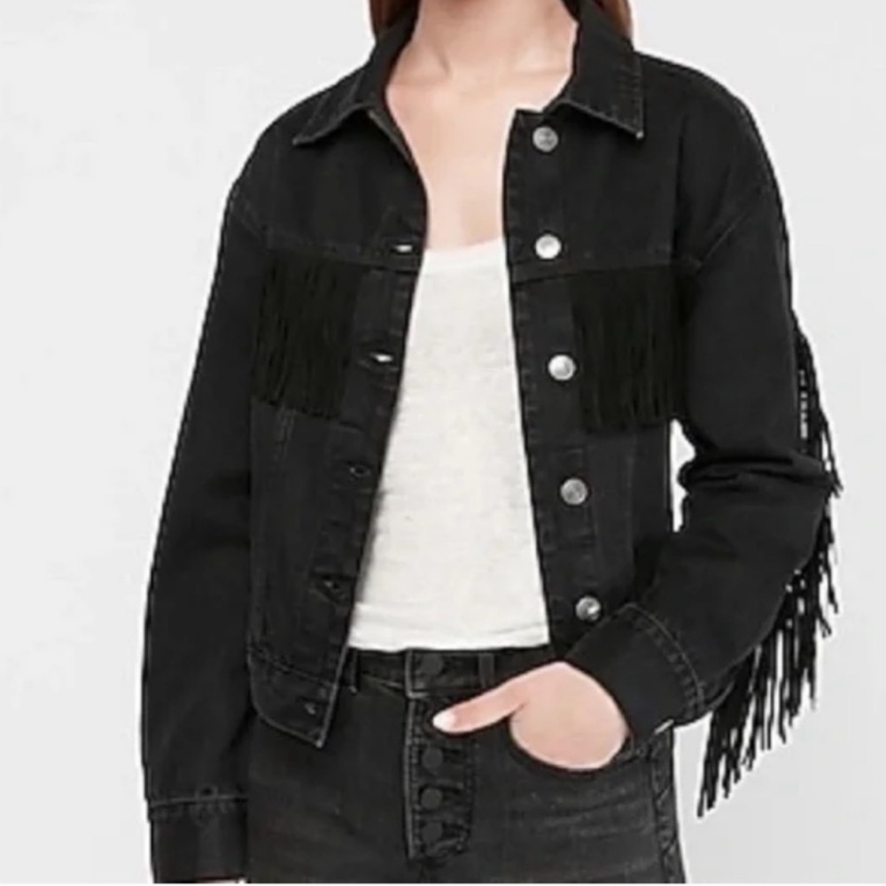 Express Black Fringe Cropped Denim Jacket NWT
Women’s Small